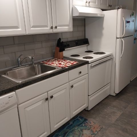 Kitchen sink stove and refrigerator